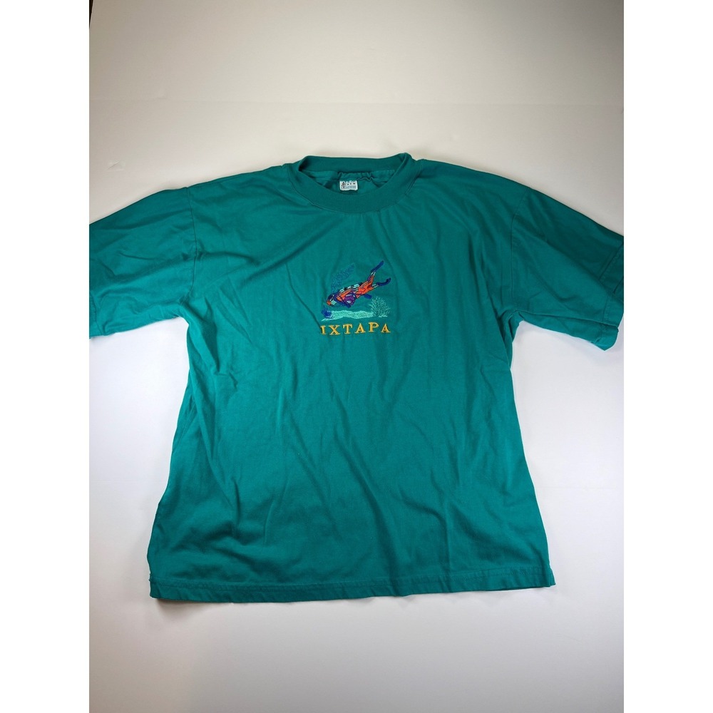 Line Sport New Femm T-Shirt Mens Large Teal Green Ixtapa Scuba Diver Embroidered
